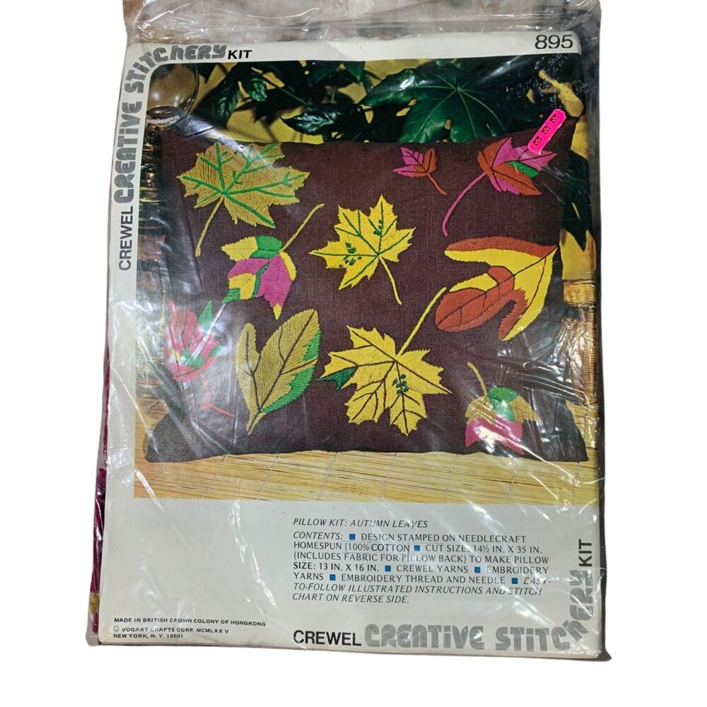 Vintage 1975 Crewel Creative Stitchery Pillow Kit Autumn Leaves Embroidery MCM